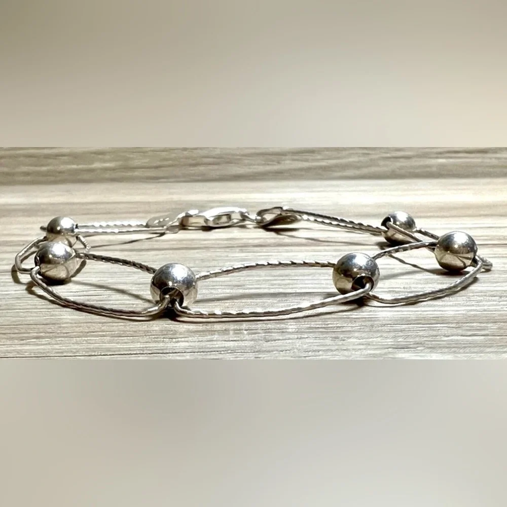 Vintage Sterling Silver Bead Oval Link Twisted Italy Bracelet, 7